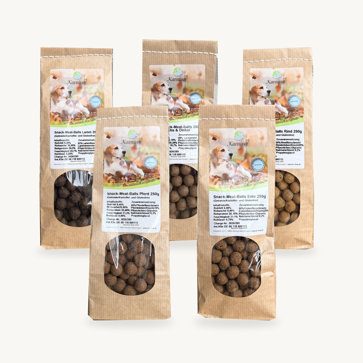 Karnivor Snack-Meat-Balls Probierbundle: je 250 g Rind, Ente, Lamm, Pferd und Lachs & Dinkel